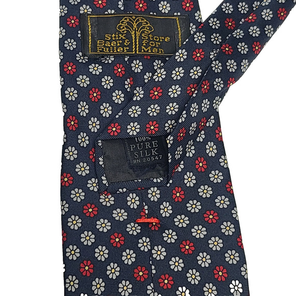Stix Baer & Fuller Silk Necktie Navy White Red Flowers 57" - Picture 5 of 5